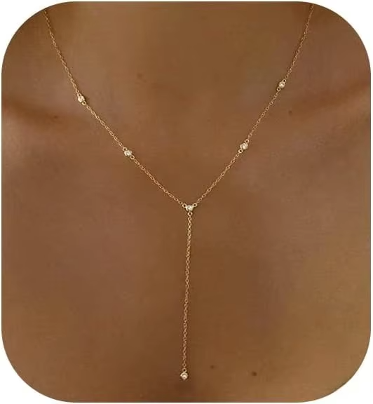 Silver Plated Necklace for Women, Dainty Gold Necklaces Gold Plated CZ Lariat Necklace for Women Boho Fashion Jewelry Womens