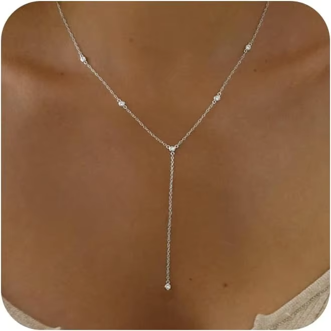 Silver Plated Necklace for Women, Dainty Gold Necklaces Gold Plated CZ Lariat Necklace for Women Boho Fashion Jewelry Womens