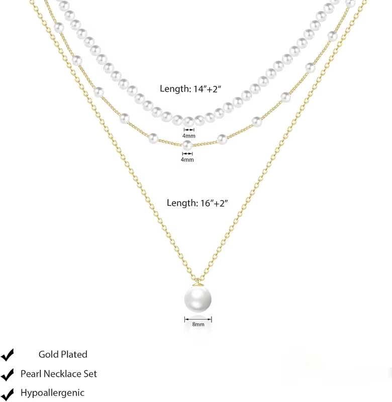 Gold Plated Pearl Necklace for Women, Dainty Layered Pearl Choker Wedding Trendy Gold Jewelry for Women Anniversary Gifts