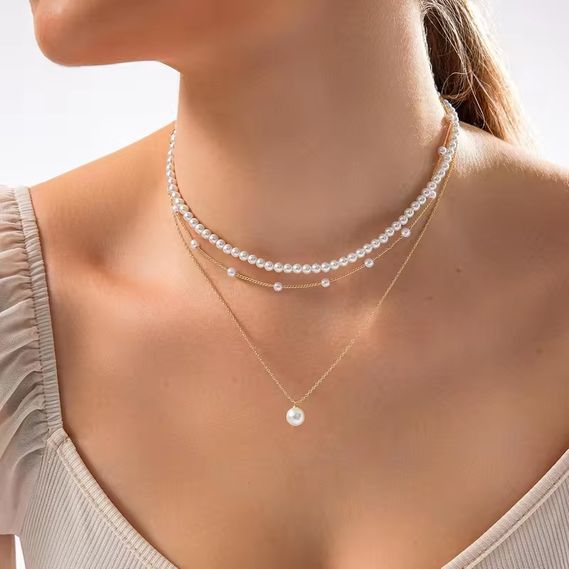 Gold Plated Pearl Necklace for Women, Dainty Layered Pearl Choker Wedding Trendy Gold Jewelry for Women Anniversary Gifts