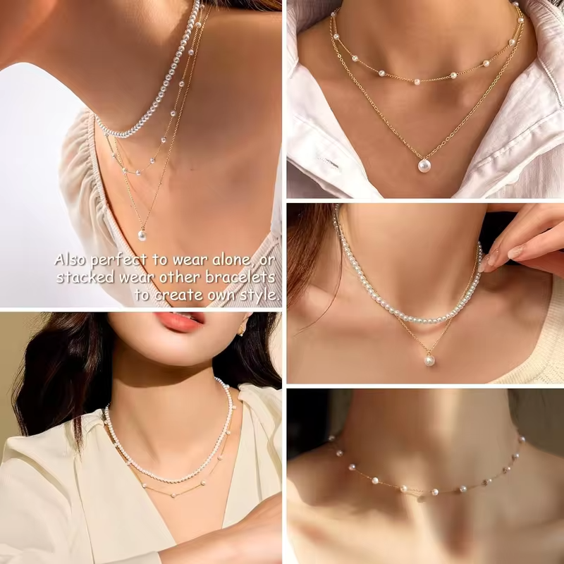 Gold Plated Pearl Necklace for Women, Dainty Layered Pearl Choker Wedding Trendy Gold Jewelry for Women Anniversary Gifts