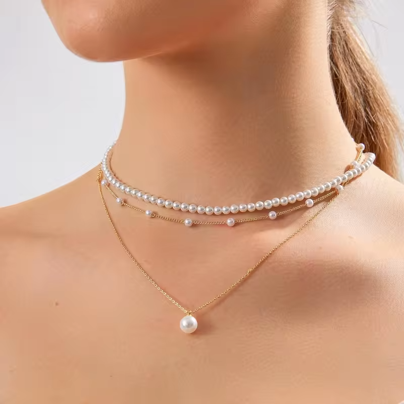 Gold Plated Pearl Necklace for Women, Dainty Layered Pearl Choker Wedding Trendy Gold Jewelry for Women Anniversary Gifts