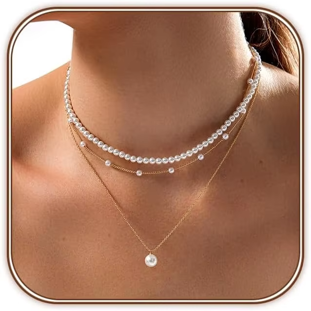 Gold Plated Pearl Necklace for Women, Dainty Layered Pearl Choker Wedding Trendy Gold Jewelry for Women Anniversary Gifts