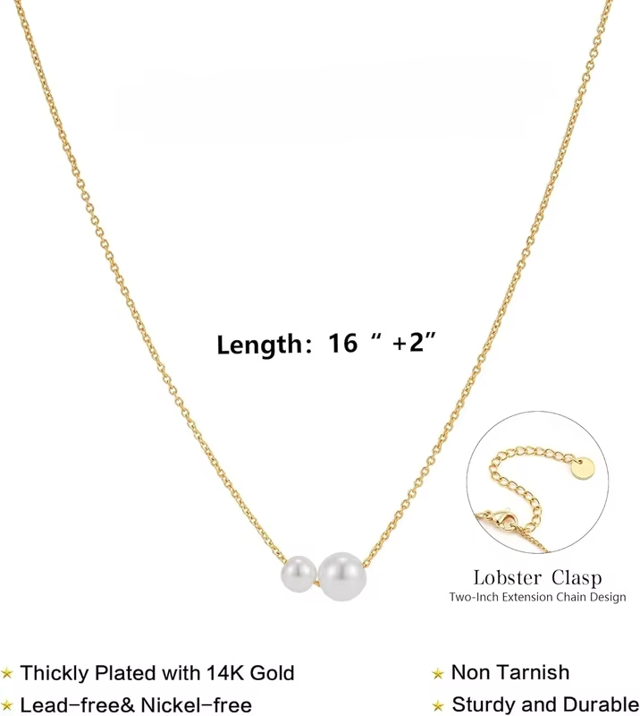 14k Gold Plated Dainty Necklace For Women Double Pearl Drop Pendant Necklace Women's Jewelry Accessories Gifts For Christmas